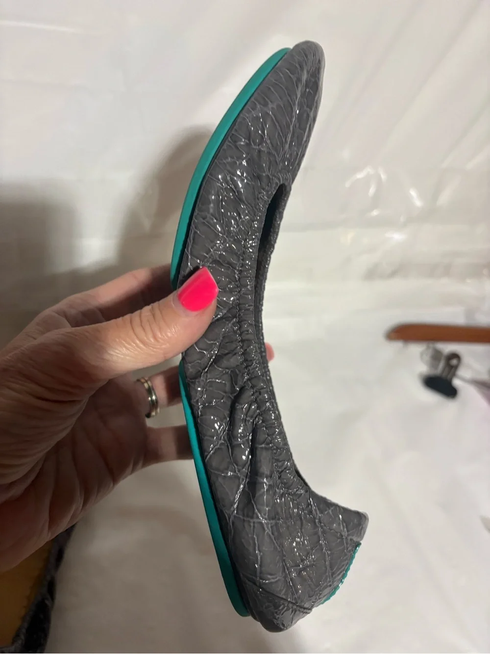 Tieks Gray Croc Patent Ballet Flat with Teal Sole Trim
